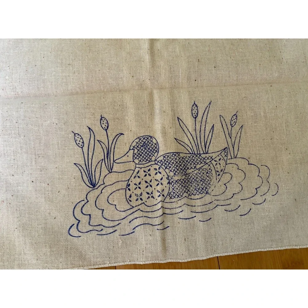 Vintage Cotton Embroidered Mallard Duck Cattails Linen Set of 2 30.5x17